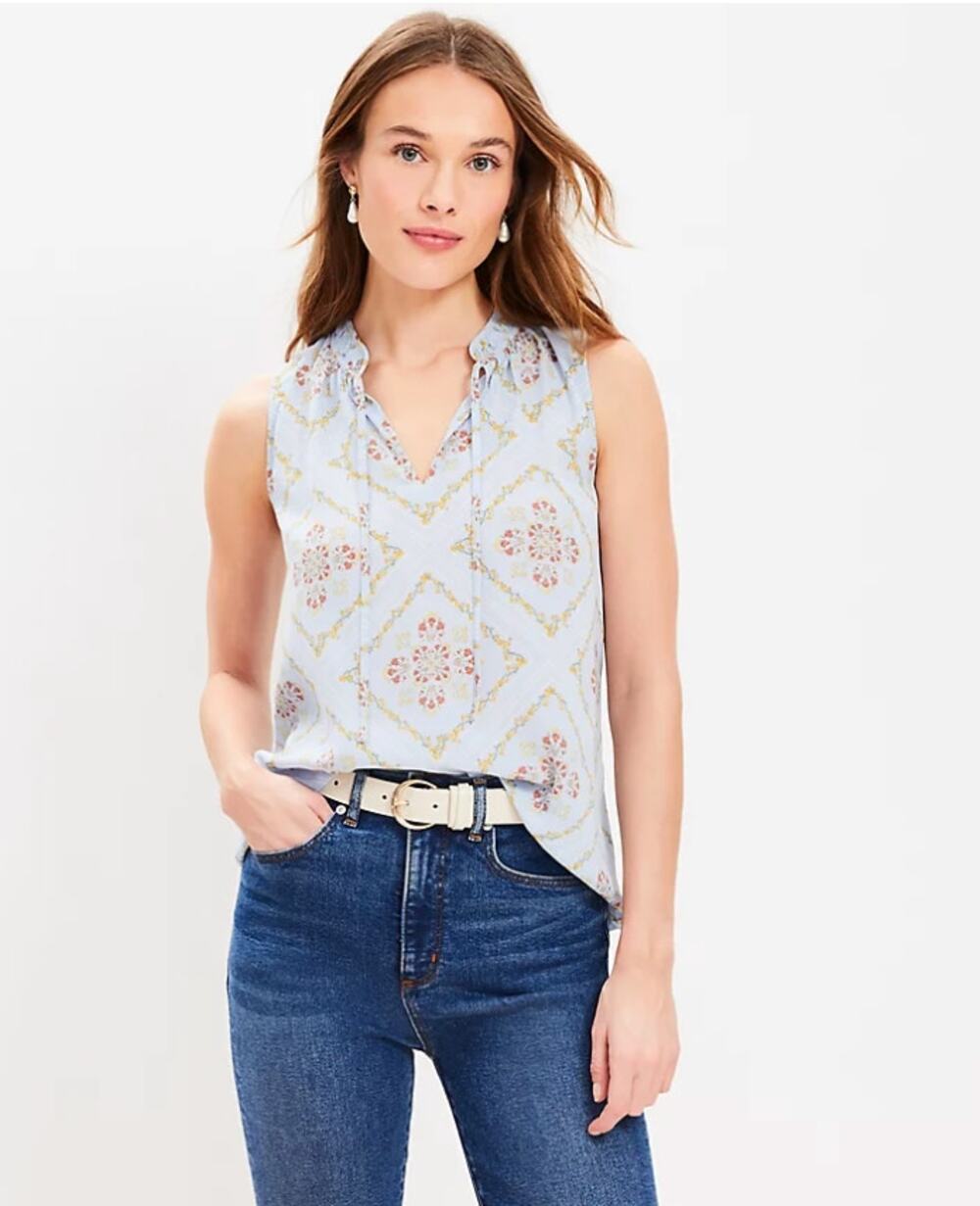 LOFT NWT Tuilerie Shirred Split Tie Neck Light Blue Sleeveless Blouse // S